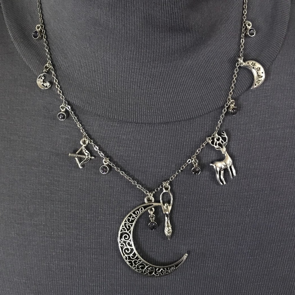 Artemis Diana Greek Roman Goddess of Moon & Hunt Handmade Necklace, Rhinestones